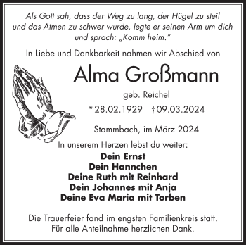 Traueranzeige von Alma Großmann von Frankenpost