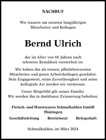 Traueranzeige von Bernd Ulrich von Südthüringer Presse