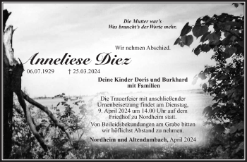 Traueranzeige von Anneliese Diez von Südthüringer Presse