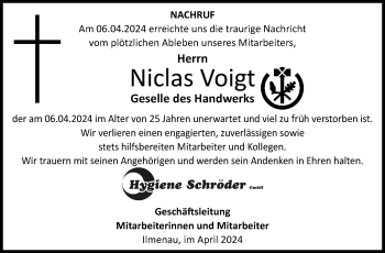 Traueranzeige von Niclas Voigt von Südthüringer Presse