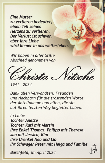 Traueranzeige von Christa Nitsche von Südthüringer Presse