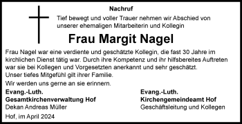 Traueranzeige von Margit Nagel von Frankenpost