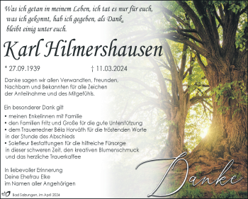 Traueranzeige von Karl Hilmershausen von Südthüringer Presse