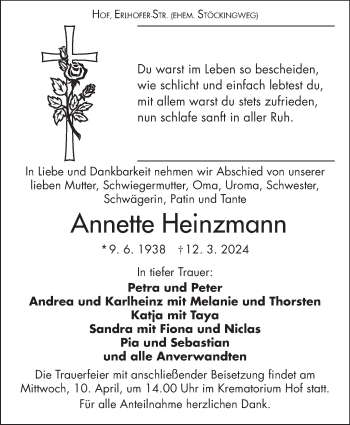 Traueranzeige von Annette Heinzmann von Frankenpost