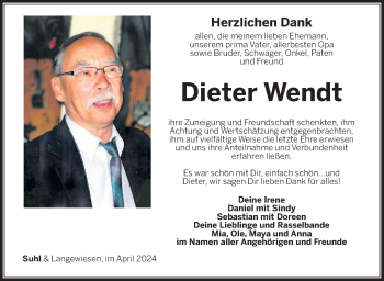 Traueranzeige von Dieter Wendt von Südthüringer Presse