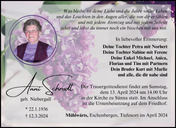 Traueranzeige von Anni Schrodt von Südthüringer Presse