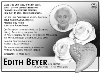 Traueranzeige von Edith Beyer von Südthüringer Presse