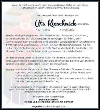 Traueranzeige von Uta Kieschnick von Südthüringer Presse