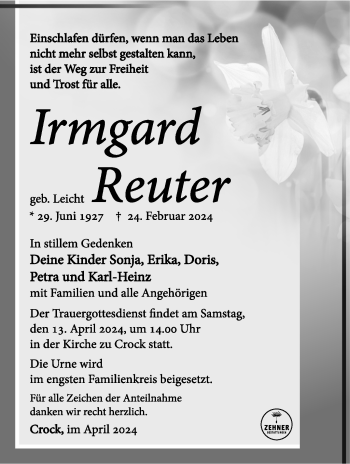 Traueranzeige von Irmgard Reuter von Südthüringer Presse