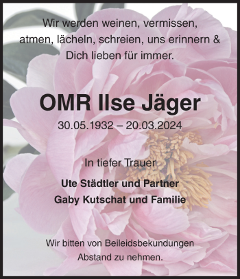 Traueranzeige von Ilse Jäger von Südthüringer Presse