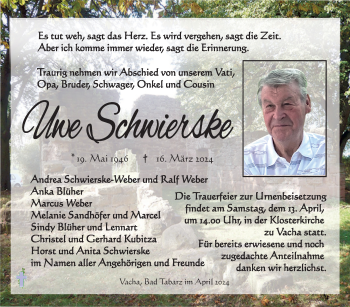 Traueranzeige von Uwe Schwierske von Südthüringer Presse