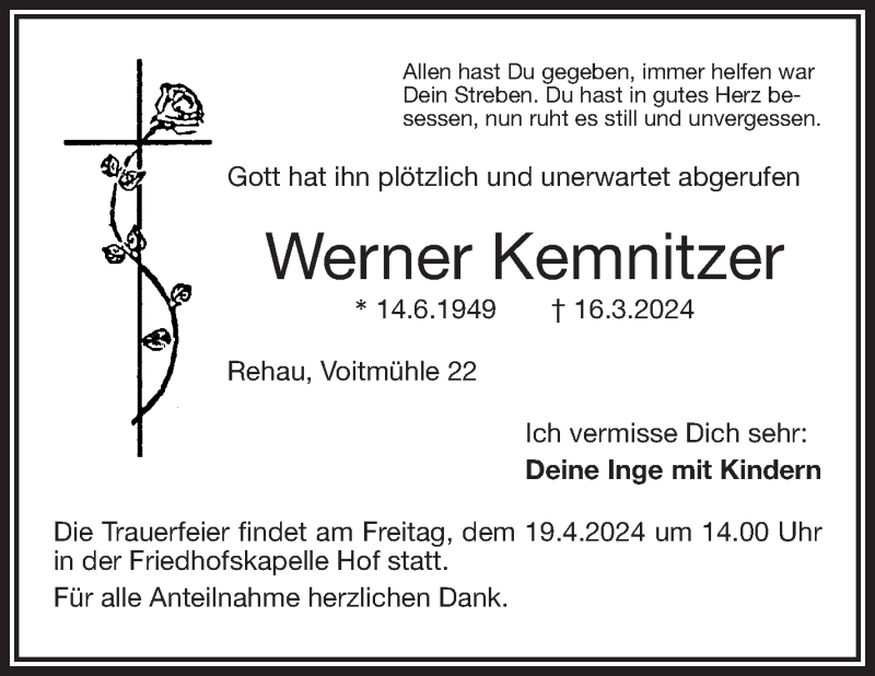  Traueranzeige für Werner Kemnitzer vom 13.04.2024 aus Frankenpost