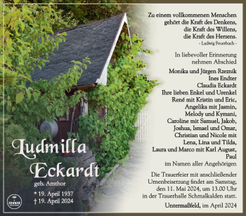 Traueranzeige von Ludmilla Eckardt von Südthüringer Presse