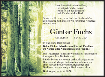 Traueranzeige von Günter Fuchs von Südthüringer Presse