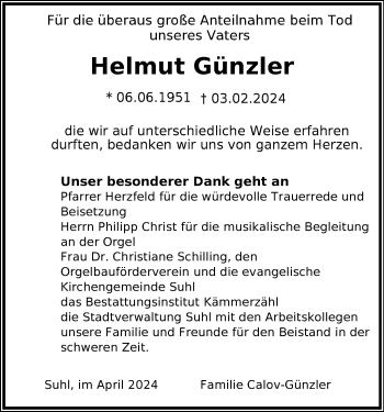 Traueranzeige von Helmut Günzler von Südthüringer Presse