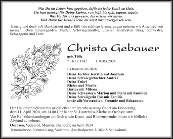 Traueranzeige von Christa Gebauer von Südthüringer Presse