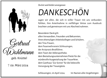 Traueranzeige von Gertrud Wohlmann von Südthüringer Presse