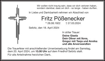 Traueranzeige von Fritz Pößenecker von Frankenpost