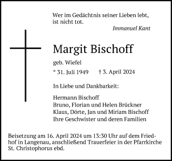 Traueranzeige von Margit Bischoff von Neue Presse Coburg