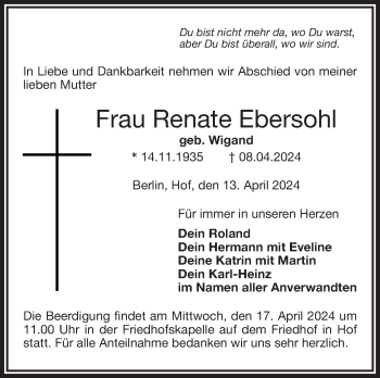 Traueranzeige von Renate Ebersohl von Frankenpost