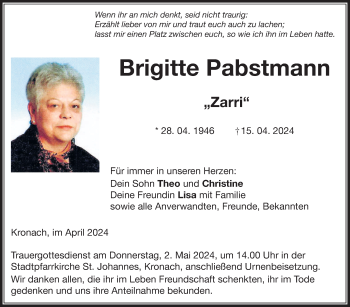 Traueranzeige von Brigitte Pabstmann von Neue Presse Coburg