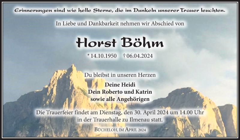  Traueranzeige für Horst Böhm vom 20.04.2024 aus Südthüringer Presse