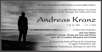 Traueranzeige von Andreas Kranz von Südthüringer Presse