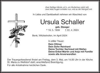 Traueranzeige von Ursula Schaller von Frankenpost