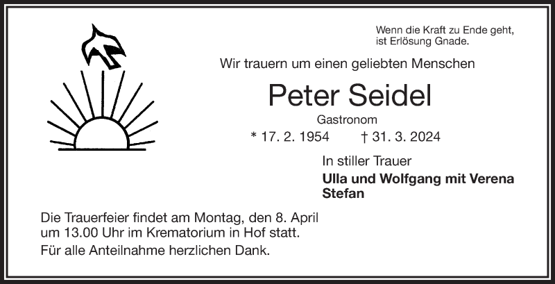  Traueranzeige für Peter Seidel vom 06.04.2024 aus Frankenpost