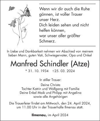 Traueranzeige von Manfred Schindler von Südthüringer Presse