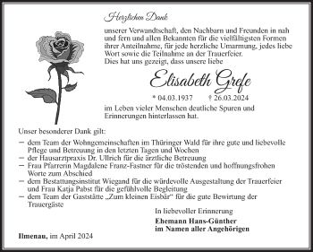 Traueranzeige von Elisabeth Grefe von Südthüringer Presse