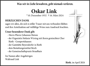 Traueranzeige von Oskar Link von Südthüringer Presse