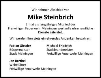Traueranzeige von Mike Steinbrich von Südthüringer Presse