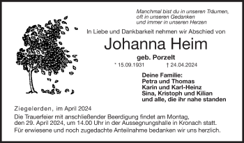 Traueranzeige von Johanna Heim von Neue Presse Coburg