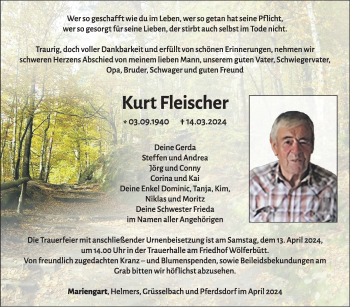 Traueranzeige von Kurt Fleischer von Südthüringer Presse