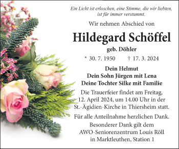 Traueranzeige von Hildegard Schöffel von Frankenpost