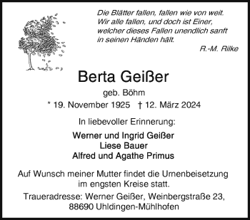 Traueranzeige von Berta Geißer von Frankenpost