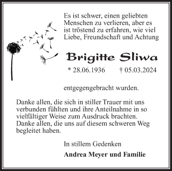 Traueranzeige von Brigitte Sliwa von Südthüringer Presse