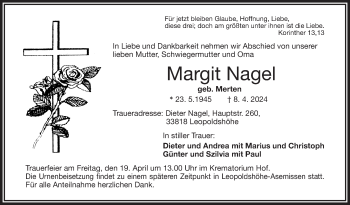 Traueranzeige von Margit Nagel von Frankenpost