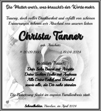 Traueranzeige von Christa Tanner von Südthüringer Presse