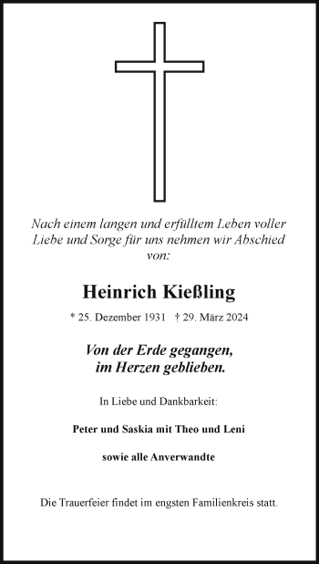 Traueranzeige von Heinrich Kießling von Frankenpost