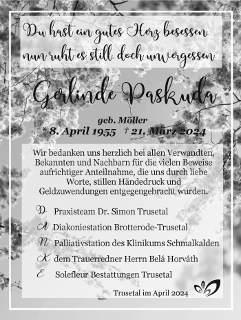 Traueranzeige von Gerlinde Paskuda von Südthüringer Presse
