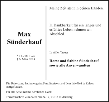 Traueranzeige von Max Sünderhauf von Frankenpost
