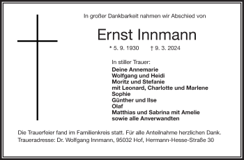 Traueranzeige von Ernst Innmann von Frankenpost