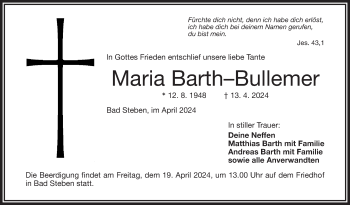 Traueranzeige von Maria Barth-Bullemer von Frankenpost