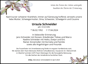 Traueranzeige von Ursula Edith Marga Schneider von Südthüringer Presse