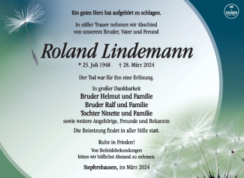 Traueranzeige von Roland Lindemann von Südthüringer Presse