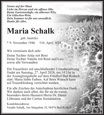 Traueranzeige von Maria Schalk von Neue Presse Coburg