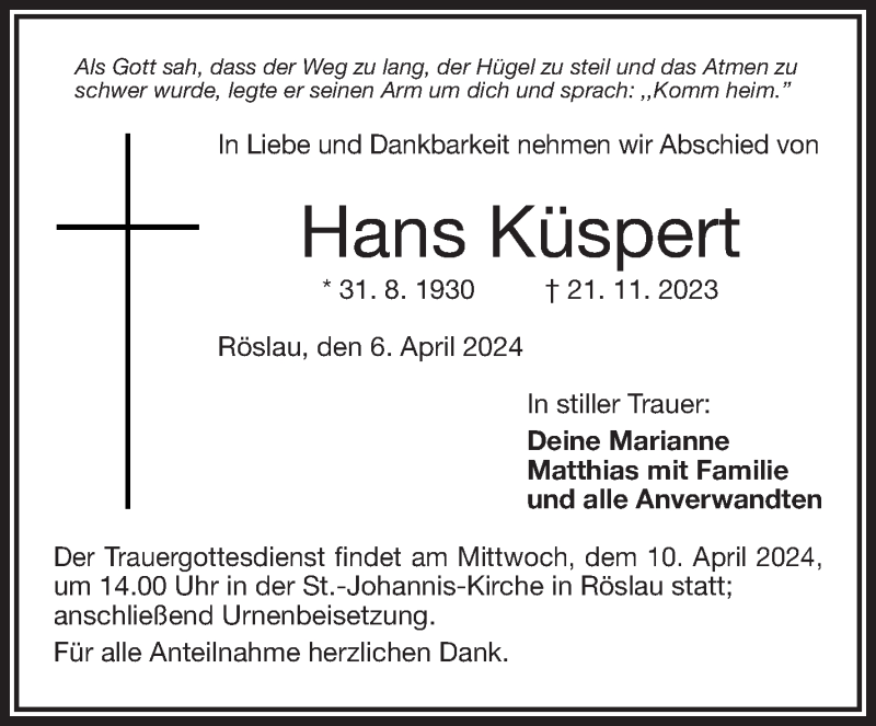  Traueranzeige für Hans Küspert vom 06.04.2024 aus Frankenpost