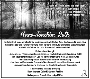 Traueranzeige von Hans-Joachim Roth von Südthüringer Presse